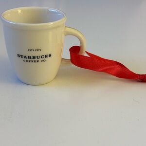 Vintage 2002 Starbucks White Mug Ornament with Red Ribbon Accent